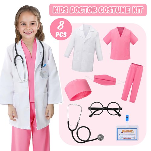 Doctor Costume for Kids - 8pcs Kids Scrubs with Lab Coat Dress Up Set, Halloween Costumes for Girls Boys, Toddler Halloween Costume Pretend Play Kit, Kids Dress Up Clothes Costume for Girls 3-10