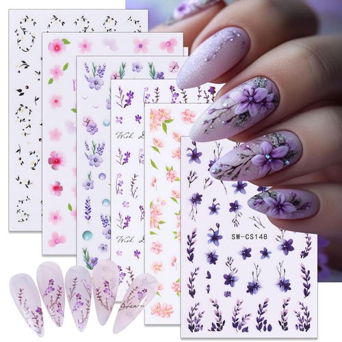 Jremg Flower Nail Art Stickers Summer Cherry Blossom Floral Nail Decals 3D Self Adhesive Retro St...
