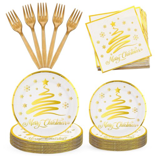 Lounsweer 96 Pcs Christmas Party Supplies Paper Plates and Napkins Disposable Dinnerware Set Include Christmas Plates Napkins Forks for Xmas Holiday Table Decorations 24 Guests(Gold Christmas Tree)