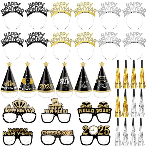 48 Pieces New Years Eve Party Supplies 2025 New Years Party Kit 2025 Happy New Year Headband Tiara Metallic Fringed Noise Makers 2025 Glasses Paper Hats for New Years Eve Party Accessories