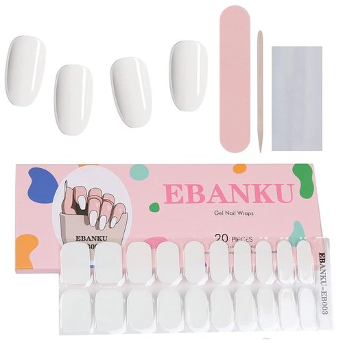 EBANKU Gel Nail Strips 20PCS White Real Gel Nail Stickers Long Lasting Nail Polish Strips UV Light Required Full Nail Art Wraps with Nail File and Stick for Women