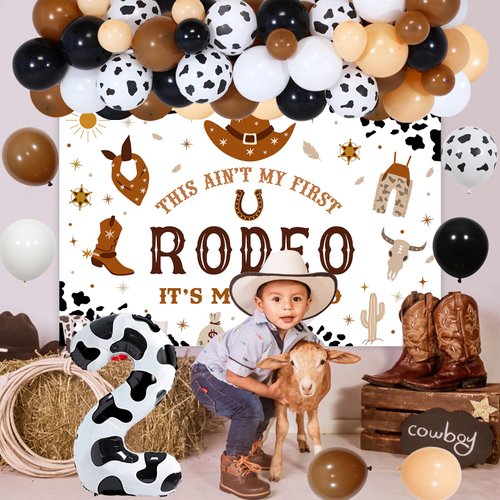 JOYMEMO My 2nd Rodeo Birthday Decorations Boy - Brown Cowboy Balloon Garland Arch Kit with This Ain't My First Rodeo Its My Second Birthday Backdrop, Number 2 Foil Balloon for Western Theme Party