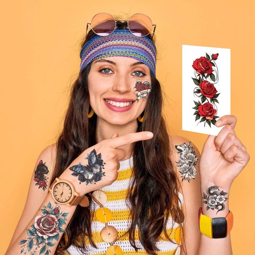 Y 10 Sheet Skull Flower Temporary Tattoo Stickers Men Women Makeup Festival Carnival Birthday Party Fake Body Tattoos for Horror Theme Face Tattoos Body Tattoos