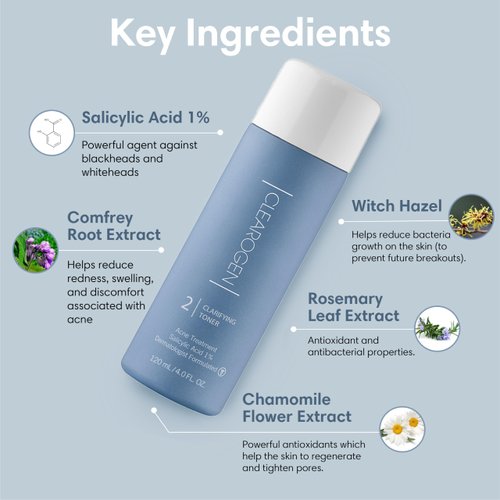 Clearogen Clarifying Toner for Acne and Blemishes, Face Toner, Facial Toner, Skin Toner, Acne Toner, Toner Oily Skin, Salicylic Acid Toner, Astringent for Face, Toners, 4 Fl Oz