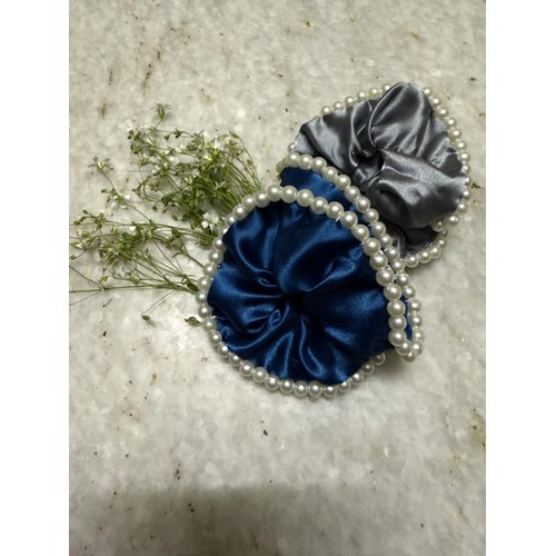 Elegant Satin Pearl Embedded Hair Scrunchies with Pearl Beads for Women – Pack of 2, Premium Satin Elastic Hair Bands for Stylish – Ideal for Weddings & Parties (Grey & Dark Blue)