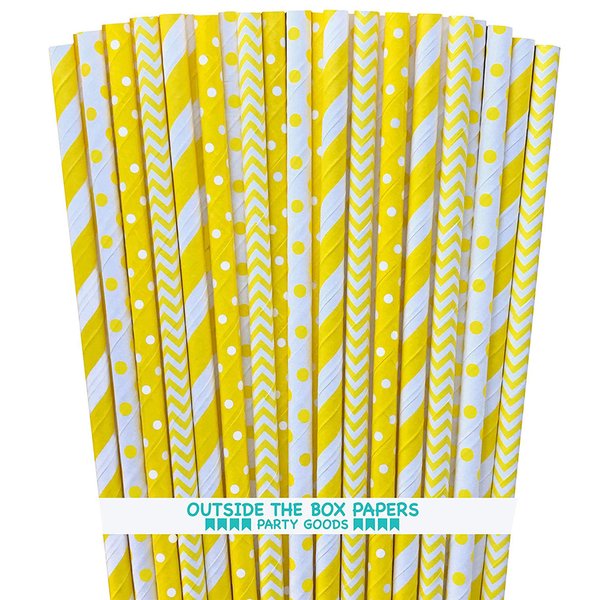 Yellow and White Paper Straws - Stripe Chevron Polka Dot - 7.75 Inches - Pack of 100 - Outside the Box Papers Brand