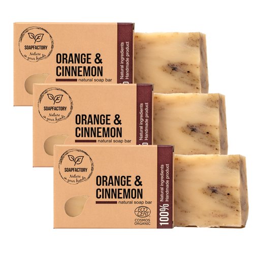 SoapFactory Organic Soap with Orange and Cinnamon, Exfoliating Scrub Bar, 100% Natural Facial Cleanser, Face and Body, Vegan, Cruelty Free, Handmade, 3.88 ounce (Pack of 3)