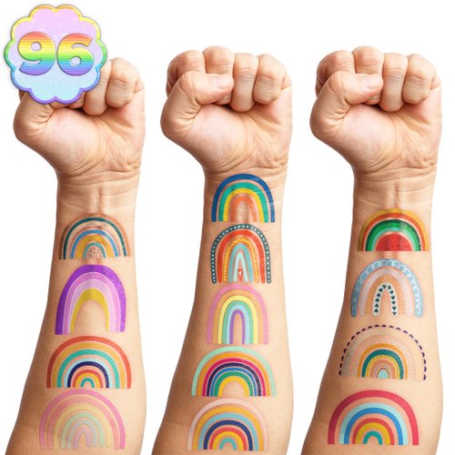 96 PCS Pastel Rainbow Temporary Tattoos Sticker Boho Rainbow Birthday Party Decorations Favors Supplies Decor Gifts Boys Girls Baby Shower Cute Fake Tattoo School Reward Themed