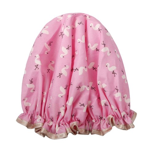 Vtrem Shower Cap Lined Double Layer Waterproof Hair Bath Caps with Lace Elastic Band Lovely Pink Flamingo Pattern Reusable Bathing Hat for Women All Hair Lengths and Thicknesses