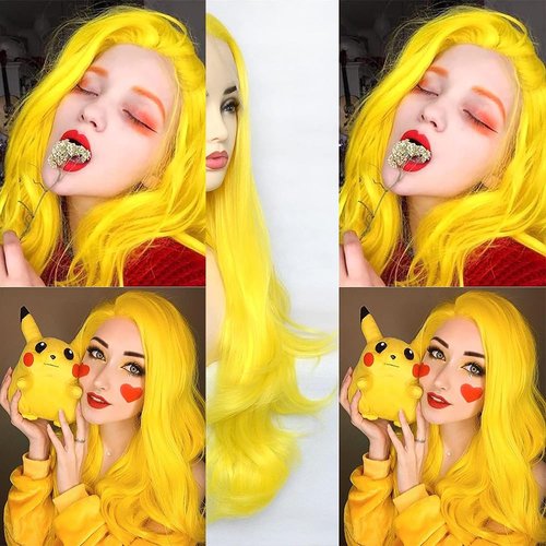 xiweiya Long Yellow Wavy Synthetic Wigs Middle Part Long Body Bright Yellow Wig Heat Resistant Fiber Half Hand Tied Wig For Women 24inch