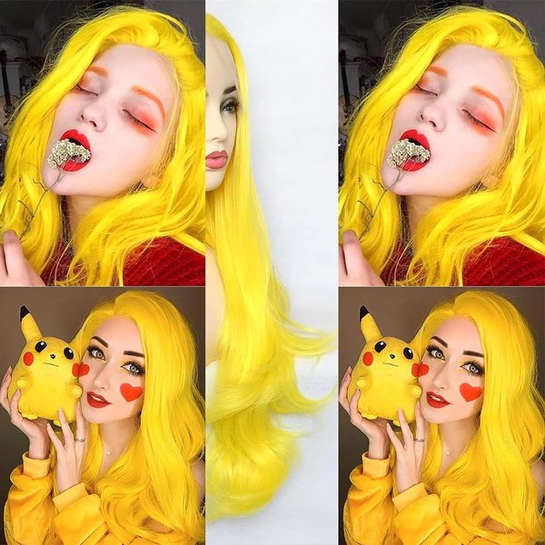 xiweiya Long Yellow Wavy Synthetic Wigs Middle Part Long Body Bright Yellow Wig Heat Resistant Fiber Half Hand Tied Wig For Women 24inch