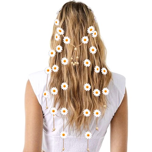 COMNICO Flower Hippie Headband 70 s Bohemian Style Floral Sunflower Crown Daisy Hair Wreath Summer Bridal Headpiece Photo Props Hair Accessories (white)