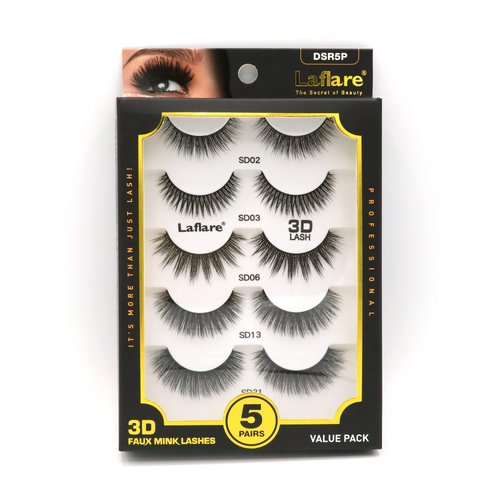 Laflare 5 Styles Silk Lashes 3D Faux Mink Eyelashes Multipack, Light, Natural Looking, Professional Easy to Apply Eyelashes in a Knitted Style 5 Pairs Mixed Value Pack (DSR5P)
