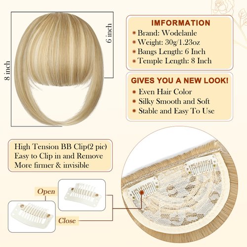Wodelanle Bangs Hair Clip in Bangs, Fake Bangs Natrual Clip in Hair Extensions, Easy to Use Faux Bangs Clip on Bangs Blonde, French Bangs Fringe with Temples Hairpieces Curved Bangs for Daily Wear