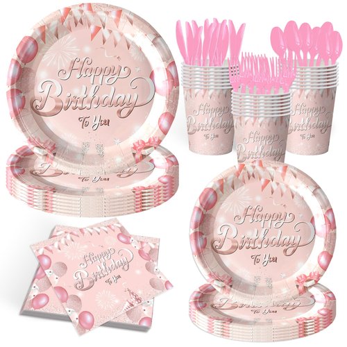 140PCS Pink Birthday Party Supplies Tableware Set Happy Birthday Plates and Napkins Girls and Baby Shower Party Decorations Pink Birthday Party Plates,Serve for 20 guests
