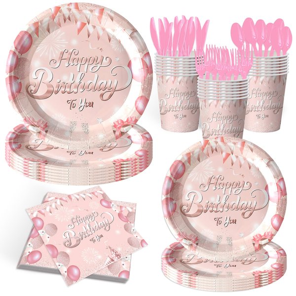 140PCS Pink Birthday Party Supplies Tableware Set Happy Birthday Plates and Napkins Girls and Baby Shower Party Decorations Pink Birthday Party Plates,Serve for 20 guests