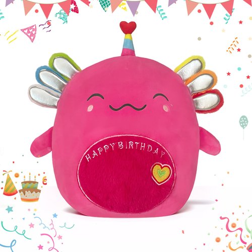 TITQWOP 14" Birthday Axolotl Plush Pillow Pink Axolotl Stuffed Animal Plush Toy Cute Soft Plushie Doll Happy Birthday Gifts for Kids Boys Girs
