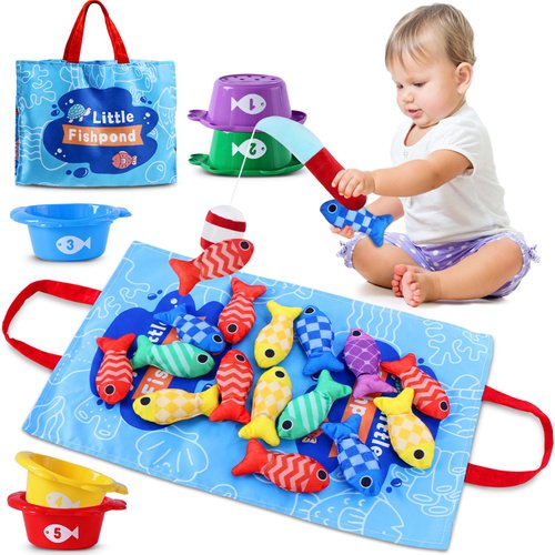 HSLNSD Montessori Toys for 1 Year Old, 22PCS Cloth Fishing Game for Toddler 1-3 with Stacking Cups, Baby Fishing Toy for Number Counting, Color Sorting, Shape Learning, Boy Girl Gift