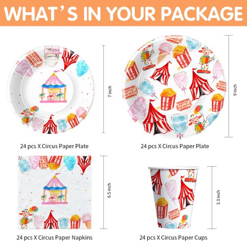 HIPVVILD Circus Carnival Birthday Party Supplies, Circus Theme Party Decorations Dinnerware, Carnival Party Plate, Circus Plate, Cup, Napkin, Circus Party Supplies For Birthday Baby Shower | Serve 24