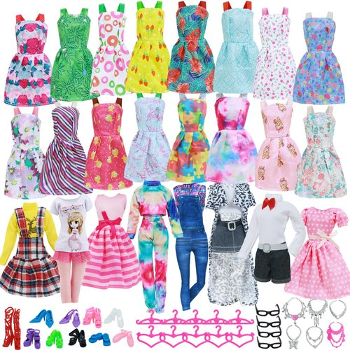 43Pcs Doll Clothes and Accessories Pack Including 10 Mini Dresses 3 Handmade Fashion Clothing Outfits Sets 10 Shoes 20 Cute Doll Accessories for 11.5 inch Girl Doll