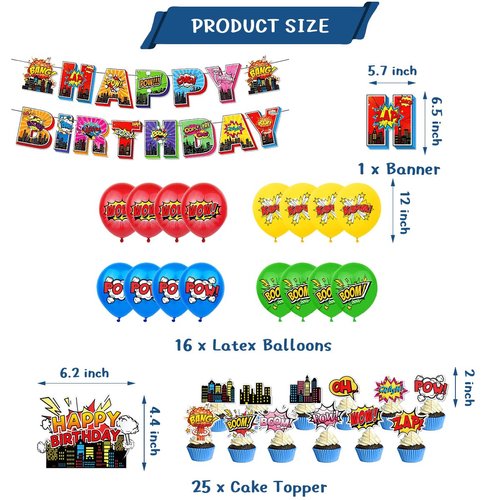 Superhero City Party Decoration,Superhero Birthday Party Supplies,City Theme Birthday Banner Balloons and Toppers Cake Toppers For Kids Birthday Party