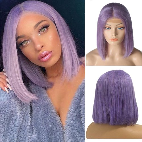 OiMiGO Purple Bob Wigs Human Hair,13x4 Lace Front Bob Wigs Lilac Purple Wig Short Bob Wigs for Women Pre Plucked with Baby Hair 180% Density,HD Transparent Lace Wigs(14Inch)