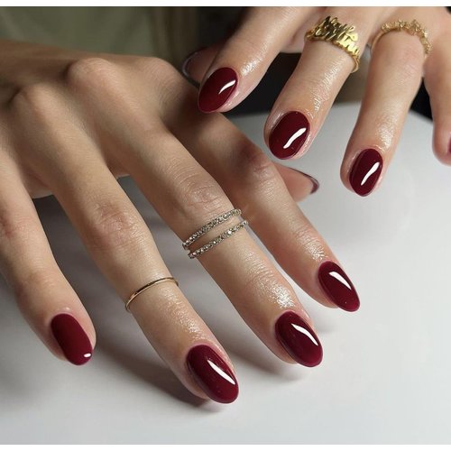 Dark Red Press on Nails Short Almond Oval Glossy Fake Nails 24Pcs, Solid Color Nails press ons 12 Sizes, Reusable Nail Kit, Stick on Nails for Women and Girls Daily Wear
