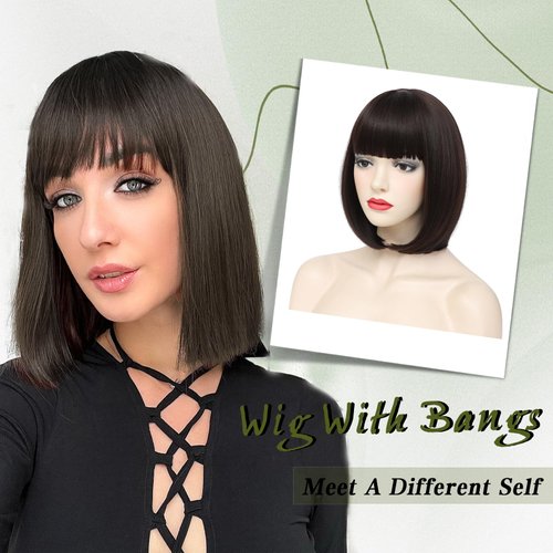 Angzon Brown Bob Wigs with Bangs Short Straight Bob Wigs For Women Shoulder Length Synthetic Bob Wigs For Halloween Daily Party Cosplay
