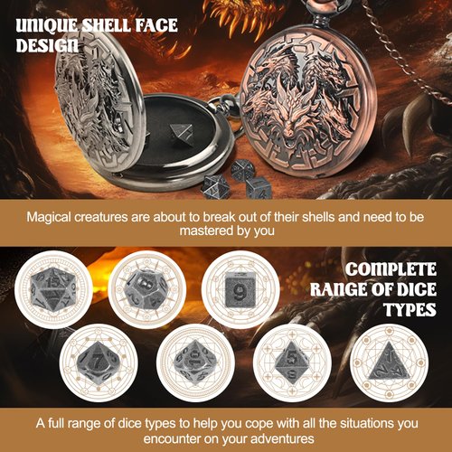 Banloga D&D Dice Set,7PCS Metal Dice Set for Dungeons and Dragons,Mini Dice Set with Pocket Watch Case,Role Playing Board Games Accessories (Dragon, Ancient Silver)