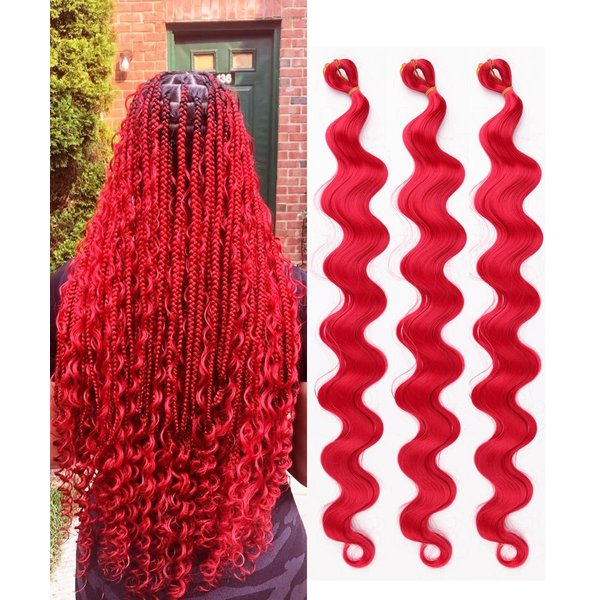 ADIASAI 3Packs Body Wave Braiding Hair with Crochet Hook 24Inch Pre-Feathered Braiding Hair Deep Wave Crochet Hair French Curl Crochet Braids Synthetic Hair for Boho Box Braids Goddess Hair(Red)