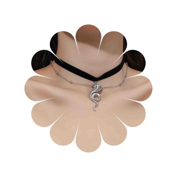 TseanYi Black Velvet Choker Necklace Goth Silver Snake Dark Neckalce Punk Snake Velvet Suede Neckalce Dark Serpent Pendant Necklace