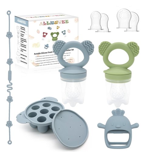 Allruyee Baby Fruit Feeder & Mini Freezer Tray Combo with Baby Teether, Breastmilk Popsicle Molds for Teething Relief, Fresh Food Feeder for Safe Infant Self-Feeding, Extra Food Pouches(Blue&Green)