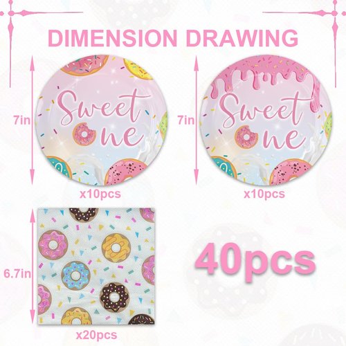 40Pcs Sweet One Donut Birthday Party Supplies For 20 Guests, Paper Plates And Napkins For Girl Sweet One Birthday Party Decorations