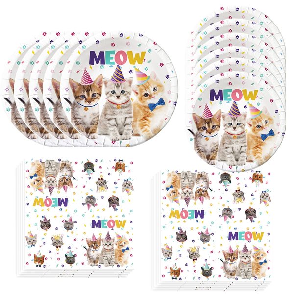 Cat Birthday Party Supplies,20 Plates and 20 Napkins,Kitten Birthday Party Decorations for Cat Birthday Party Supplies