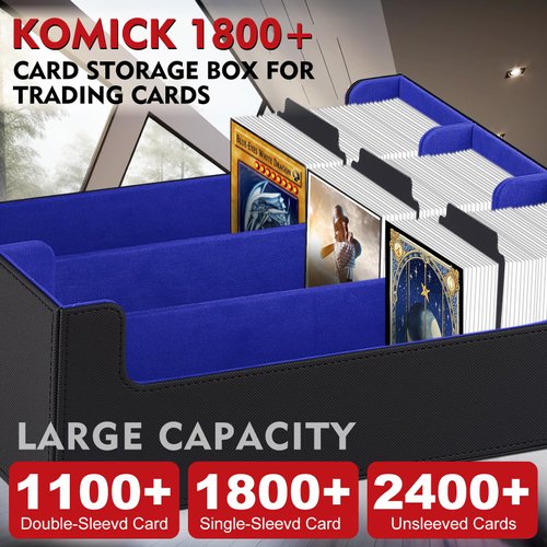 Komick 1800+ Card Deck Case – PU Leather Trading Card Storage Box Microfiber Lined Yugioh Deck Box MTG, Trading Card Holder for Bloomburrow MTG, Baseball, Magic Card Storage Box (Black/Deep Blue)