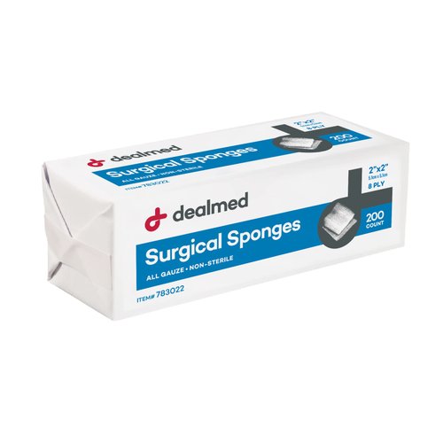 Dealmed 2" x 2" Surgical Sponges, 8-Ply, Non-Woven Absorbent Gauze Sponges for Wound Care, First Aid Kits and Medical Facilities, 200 Count (Pack of 1)