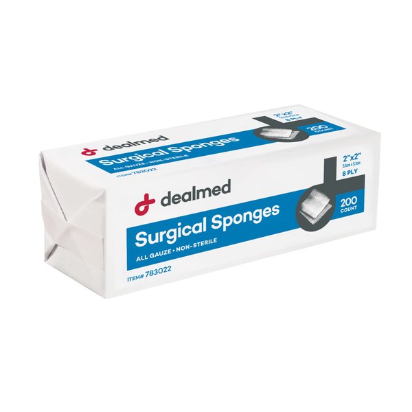 Dealmed 2" x 2" Surgical Sponges, 8-Ply, Non-Woven Absorbent Gauze Sponges for Wound Care, First Aid Kits and Medical Facilities, 200 Count (Pack of 1)