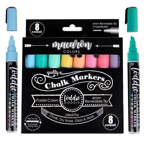 Loddie Doddie Liquid Chalk Markers for Chalkboard - 6mm Reversible Chisel and Bullet Tips, Chalkboard Markers Erasable, Macaron Pastel Chalk Pens 8 Count