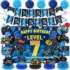 Video Game 7th Birthday Party Decorations Blue Black Happy Birthday Level 7 Banner Backdrop Honeycomb Centerpieces Hanging Swirls Tissue Paper Pompoms Kit for Boy 7 Years Old Game Controller Supplies