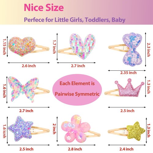 Gingbiss Hair Clips Set: 16 Sparkly Metal Snap Barrettes for Girls, Flower/Star/Crown/Heart/Butterfly Shaped Styling Accessories