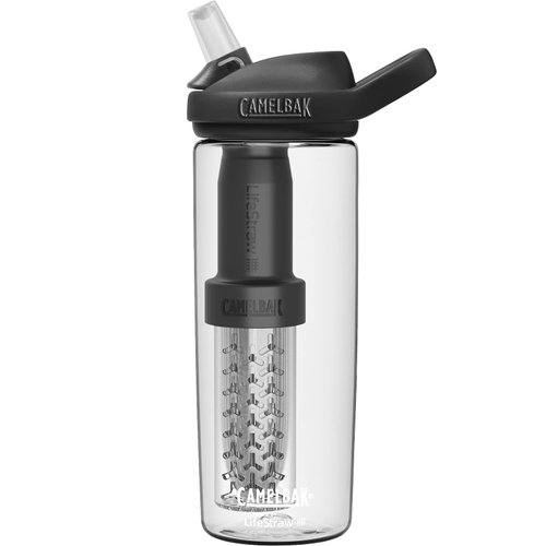 CamelBak eddy+ Water Filter Water Bottle by LifeStraw Integrated 2-Stage Filter Straw - For Hiking, Backpacking, Travel, and Emergency Preparedness - 20oz Tritan Renew, Clear