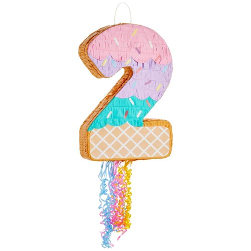 BLUE PANDA Pull String Number 2 Ice Cream Pinata for Two Sweet Birthday Decorations (16.5 x 11.5 x 3 In)