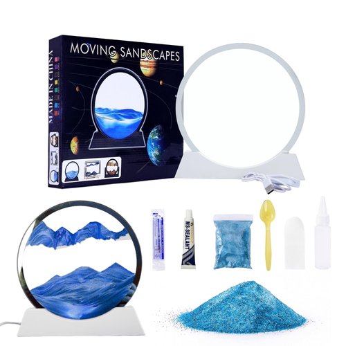 OLHKYN DIY Moving Sand Art Picture in Motion Kit,Round Glass 3D Deep Sea Landscape, Dynamic Sand Art Sandscapes, Relaxing Decor Craft Kit for Kids Adults(Blue,12inch)