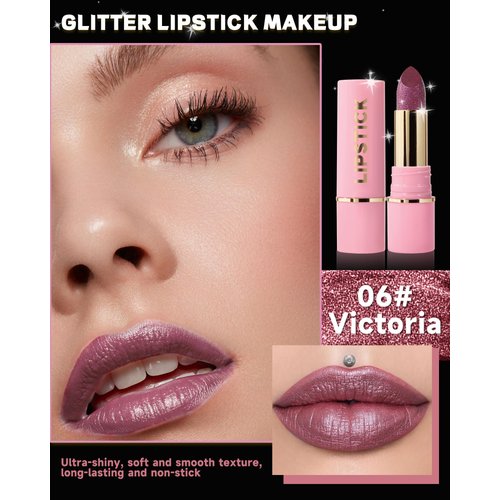 Diamond Glitter Matte Lipstick, Rose Brown Metallic Shimmer Lip Gloss Lip Tint Stain,Longlasting Waterproof Non-Stick Lip Color,Full Coverage Lipgloss Lipstain, Christmas Lip Makeup Gift for Women-06