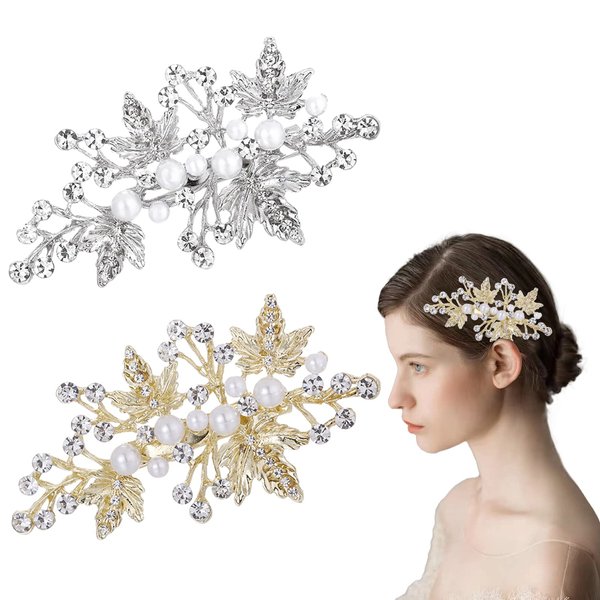 2Pcs Rhinestone Pearl Hair, French Barrettes Spring Hair Barrettes Clip,Leaf Wedding Hairpin Bride Pearl Crystal Hair Clips for Daily Wear