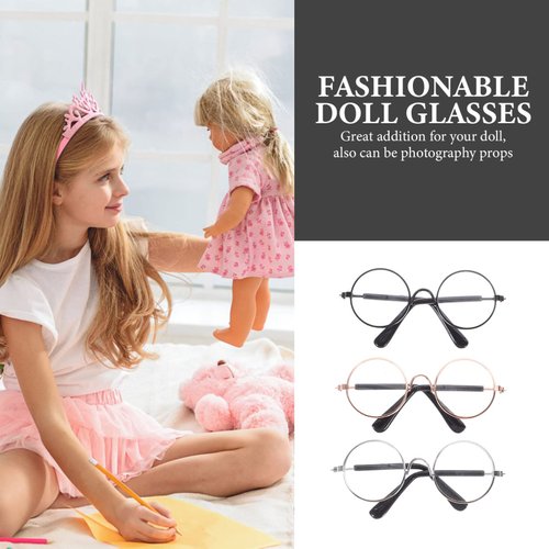 Toyvian 3Pcs Doll Glasses 3 Pairs Metal Wire Rim Glasses Doll Eyewear Mini Glasses Fits for 18in Dolls Mini Dolls Costume Accessories, Assorted Color, 8.3cm/3.26inch (W)