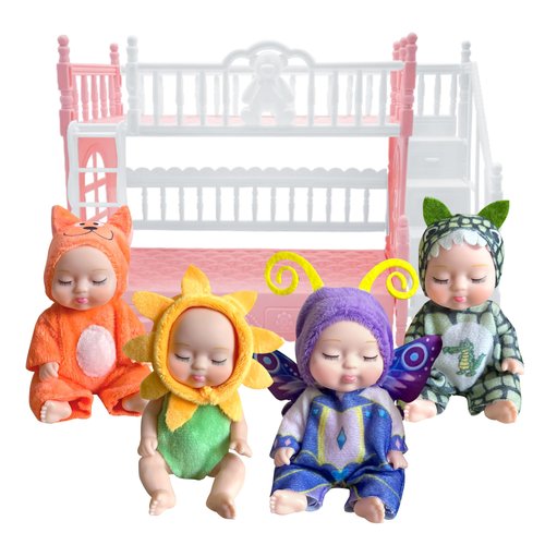 AMETUS 4 Pcs Mini Baby Dolls with Bunk Bed, Baby Bedroom House Furniture Set, Little Mini Reborn Babies, Cute Doll for Girls Kids, Birthday Baby Shower Party Gifts, Dinosaur Faery Fairy Little Tiger