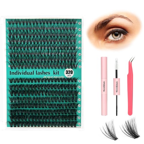 Lash Extension Kit 320pcs 9-16mm 40-50D D Curl Lash Clusters Kit - Individual Eyelash Extension Kit with Lash Bond and Seal,Tweezers - Volume Eyelash Clusters Kit for Beginners(40D&50D KIT)