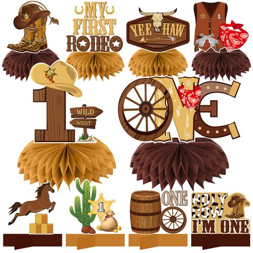 10Pcs My First Rodeo Birthday Party Supplies Western Cowboy Honeycomb Centerpieces Decorations for Baby Boys, Western Cowboy Theme One Year Old Birthday Table Centerpieces Party Supplies, Wild West