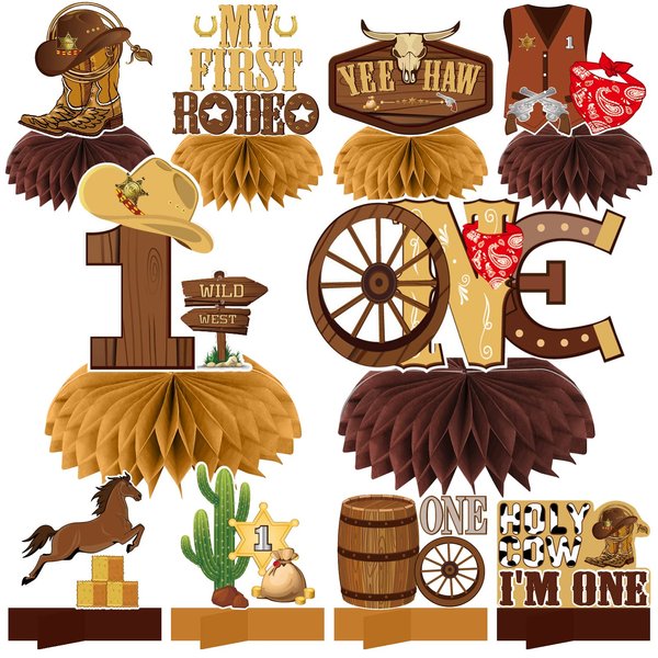 10Pcs My First Rodeo Birthday Party Supplies Western Cowboy Honeycomb Centerpieces Decorations for Baby Boys, Western Cowboy Theme One Year Old Birthday Table Centerpieces Party Supplies, Wild West